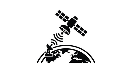 Satellite With Antenna And Earth Silhouette Black Vector Illustration © Tamim