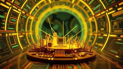 Fototapeta premium Futuristic circuit board design. Central processor surrounded by glowing tunnels, complex connections, vibrant colors. Minimalist aesthetic.
