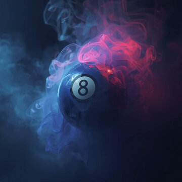 8 Ball Emerging from Smoke on Dark Background