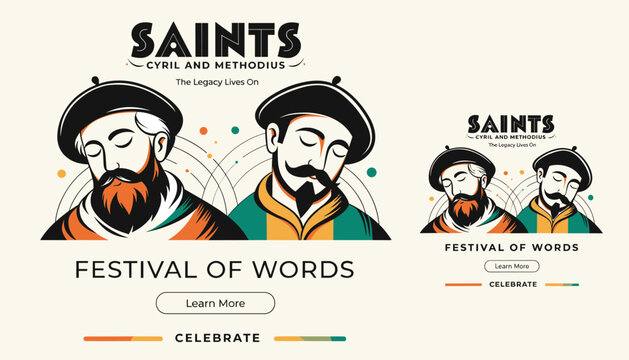 Festival of Words celebrating Saints Cyril and Methodius with stylized portraits and festive elements.