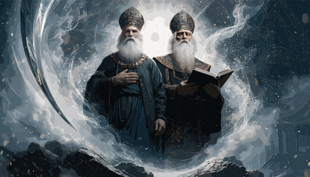 Two ancient, bearded men in ornate robes and miters stand within a swirling cosmic vortex, one holding a book, surrounded by debris.
