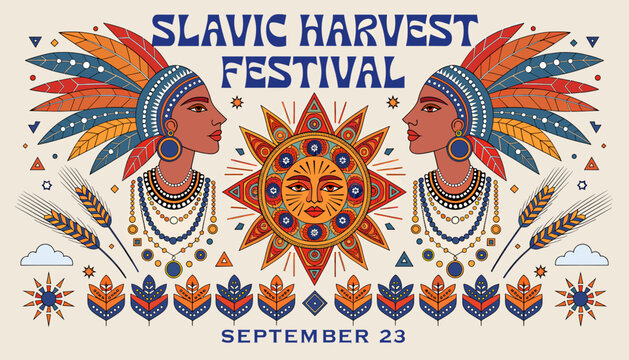 Slavic Harvest Festival poster featuring traditional headdresses, a sun symbol, and wheat stalks, dated September 23.