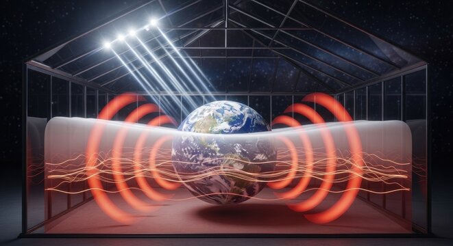 Planet Earth demonstrating intensified greenhouse effect, visualizing global warming, showing atmospheric carbon dioxide methane gas emission trapping thermal radiation.