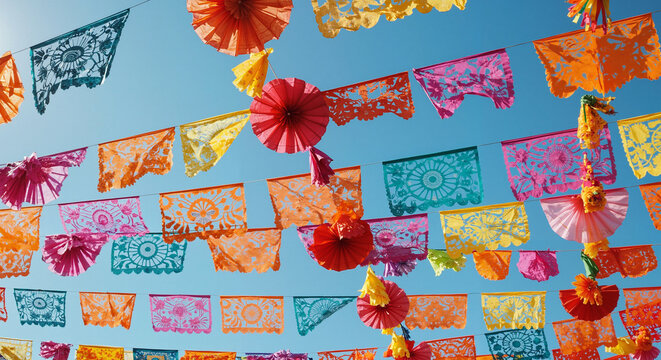 Colorful papel picado flags hanging against blue sky background  