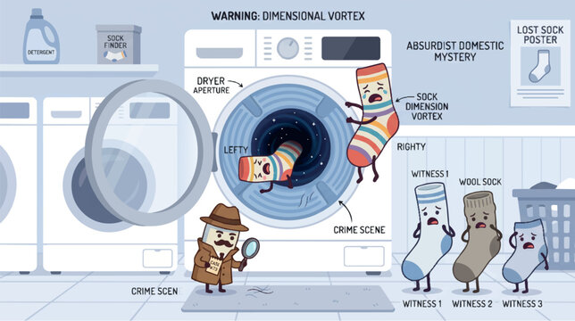 Absurdist Domestic Mystery of Lost Socks with Detective Character at Laundry