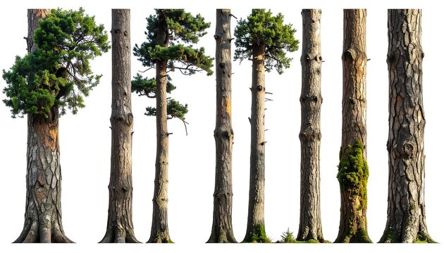 Tall Pine Tree Trunks with Sparse Green Foliage Isolated on White Background