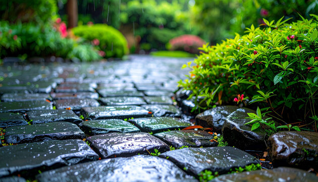 雨の日の濡れた石畳と瑞々しい緑の庭園　梅雨の季節の植物と落ち着いた風景　ウェブサイトのバナーや癒しのブログ記事の背景に使えるローアングル写真素材　しっとりと濡れた路面の質感と雨の日の情緒ある自然の風景写真