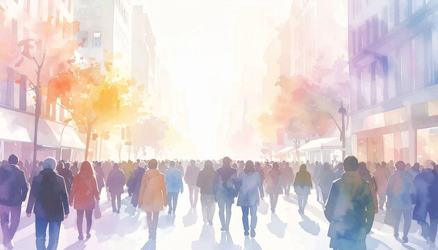 街並みと歩く人々を描いた水彩風のイラスト素材　都会の風景や通勤の様子を表現する淡い色彩の背景素材　文字入れ用の余白があるポスターやWeb広告、プレゼン資料やSNSのヘッダーなどに活用できる汎用性の高いグラフィックデザイン