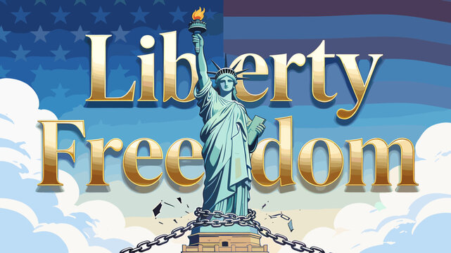 The Statue of Liberty stands tall with broken chains, symbolizing liberty and freedom against an American flag backdrop.
