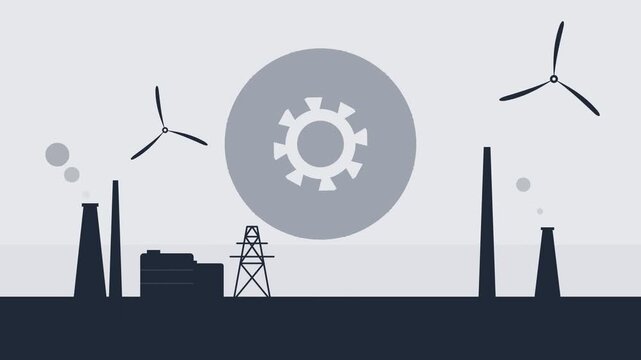 Industrial flat animation of factories and wind turbines in motion