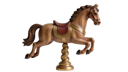 Detailed wooden carousel horse with ornate saddle, isolated on transparent background © Viktor