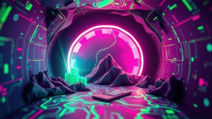 Fototapeta premium Neon tunnel scene. Low poly mountains, glowing ring, digital landscape. Futuristic aesthetic, vibrant colors, dark background.