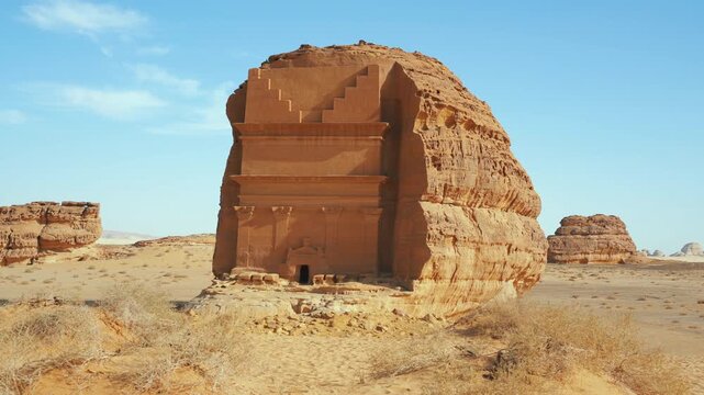 Tomb Lihyan Son of Kuza or Qasr al-Farid at Hegra, Saudia Arabia - most popular landmark in Mada'in Salih archaeological site, sandy desert landscape around