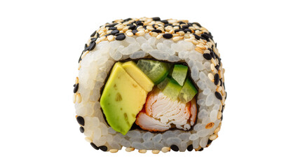 Sushi roll with avocado cucumber and crab stick coated in sesame seeds, isolated on transparent background © Viktor