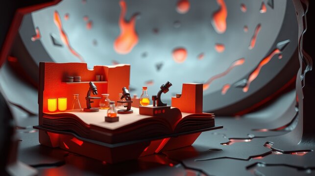 Miniature laboratory setup inside open book. Red glow illuminates glass beakers, microscope, shelves. Dramatic lighting, dark background.