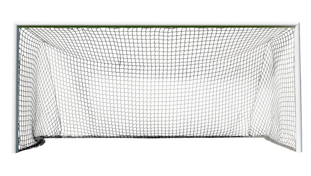 White metal soccer goal with white net, isolated on transparent background