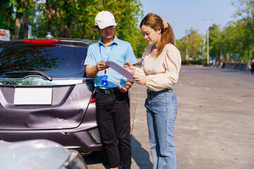 Fototapeta premium Insurance agent explaining claim document to client by damaged car