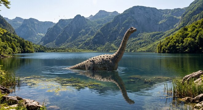 A majestic long-necked dinosaur standing in a clear, tranquil mountain lake surrounded by tall, rocky peaks and lush green forests.