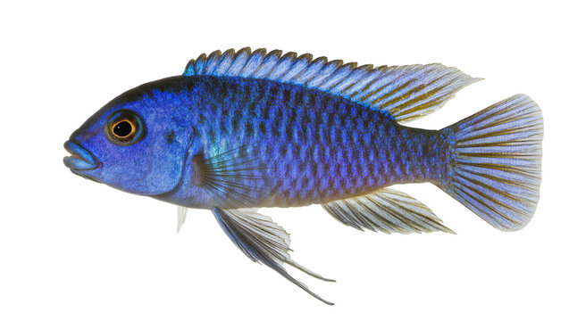 Vibrant blue cichlid fish with detailed scales, isolated on transparent background