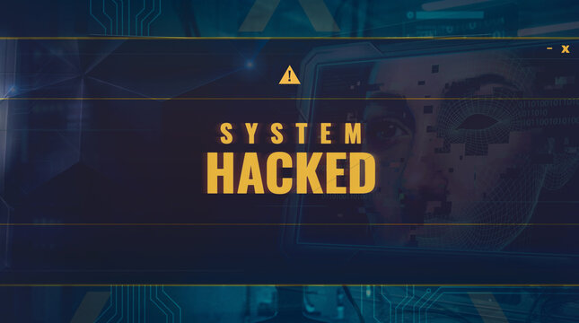 System hacked alert HUD illustration. Dark blue cyber interface with golden warning text, circuit patterns, face scan overlay and binary code. Futuristic digital threat concept. Abstract background.