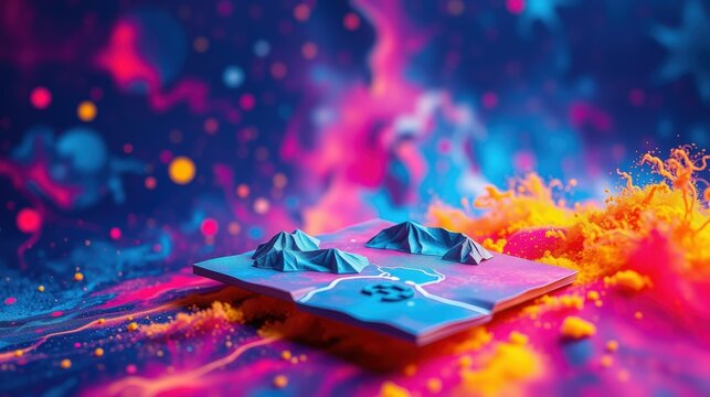 Abstract landscape. Vivid colors dominate, creating dynamic, otherworldly scene. Mountains rise from textured plane amid swirling energy.