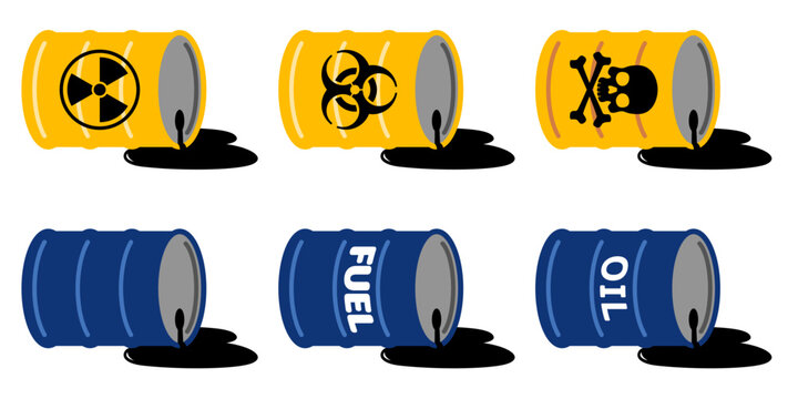 危険物ドラム缶の漏れアイコン 放射線・バイオ・毒・燃料の流出を表す素材　Leaking Hazard Barrel Icon Radioactive Biohazard Toxic Fuel Spill Symbol Set
