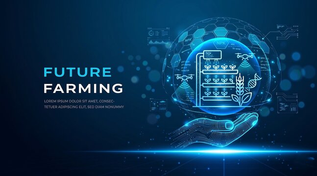 Future Farming technology banner with glowing digital agriculture concept on dark blue background. Smart farming vector illustration for agritech presentation, innovation ai new