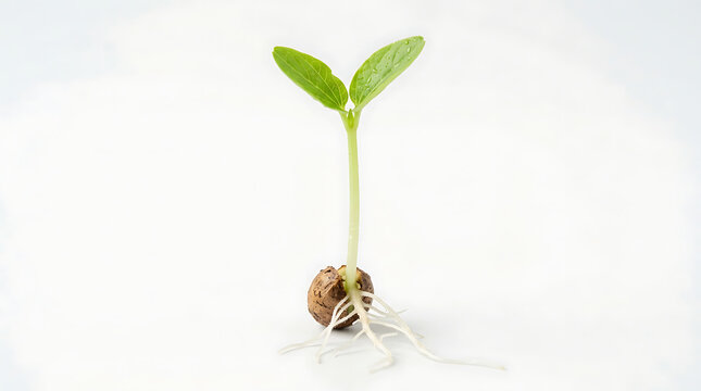 Young green plant seedling sprouting from seed with visible roots on white background seedling environment beginning agriculture sustainability gardener development evolution