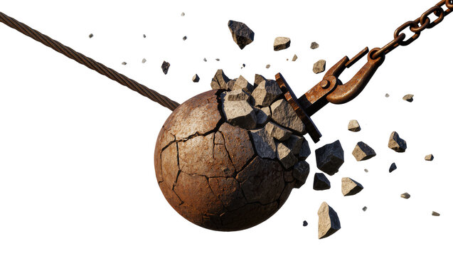 Rusty wrecking ball with cracked surface and flying debris, isolated on transparent background