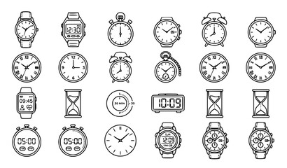 A collection of various watch and clock illustrations in a simple line art style © Alamin