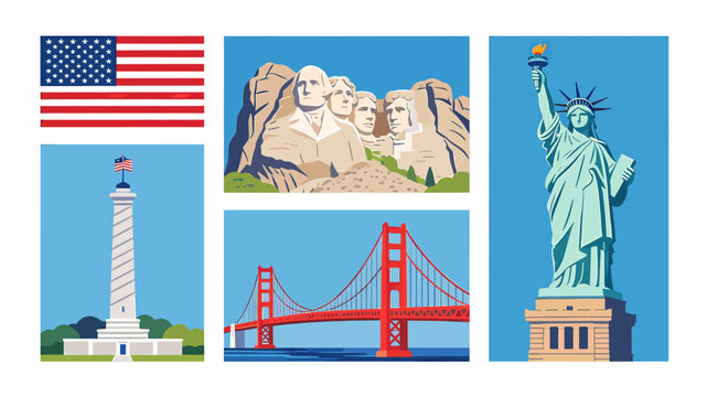 A vibrant collection of iconic American landmarks and symbols, including the Statue of Liberty, Mount Rushmore, Golden Gate Bridge, and the American flag.