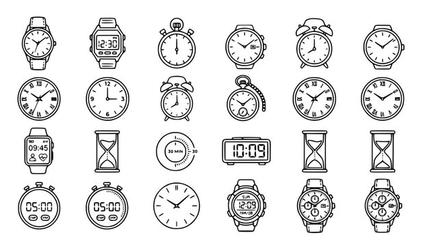A collection of various watch and clock illustrations in a simple line art style