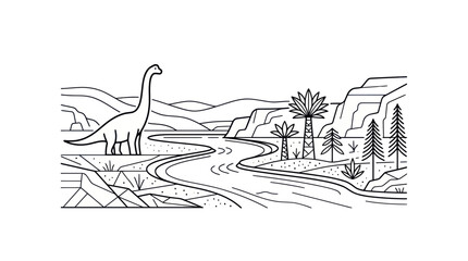 Dinosaur landscape illustration, prehistoric scene with river and mountains, line art style © anis