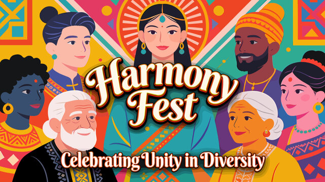 An illustration of diverse people of different ages and ethnicities celebrating unity and harmony at a festival, with colorful patterns in the background.