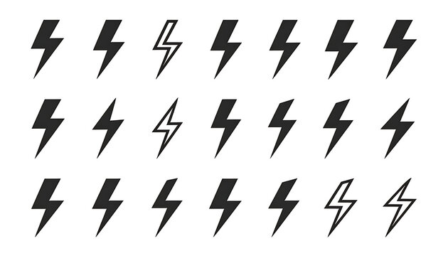 collection of various lightning bolt icons, simple flat design, energy symbol, power element