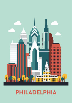 Vibrant Philadelphia city skyline vector illustration showcasing iconic skyscrapers and urban architecture in a flat design style