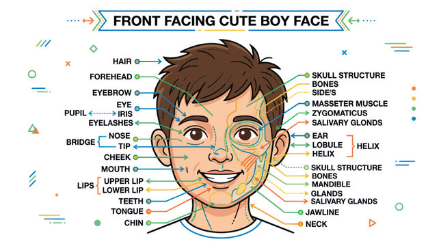Front Facing Cute Boy Face Anatomy Diagram with Labels
