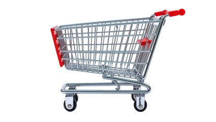 Shiny metal shopping cart with red accents, isolated on transparent background © Iura
