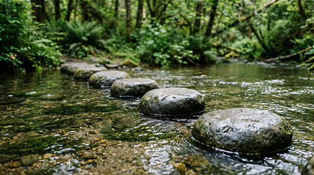 Grey river rocks arranged as a bridge crossing a small creek within a sunlit green wood with crossing woodland landscape serenity environment wilderness