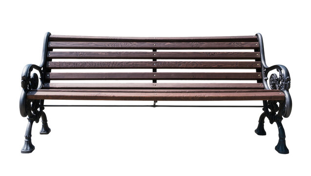 Ornate cast iron park bench with dark wooden slats, isolated on transparent background