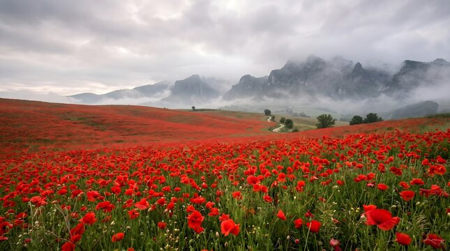 Vibrant red poppy field landscape, blooming wildflower meadow under misty mountains, atmospheric floral valley with dramatic clouds and fog