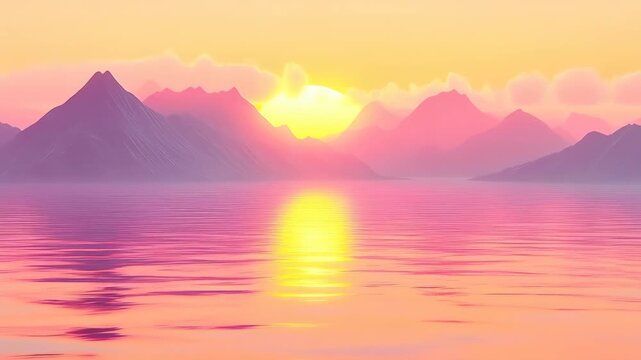 Cinematic minimalist 3D render of a massive glowing sun setting behind mountain silhouettes over water. Vibrant pink and purple synthwave aesthetic background with calm ocean ripples.