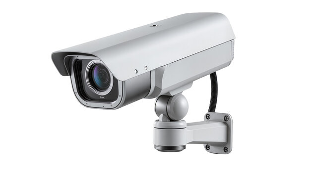 Modern white surveillance camera with adjustable mount, isolated on transparent background