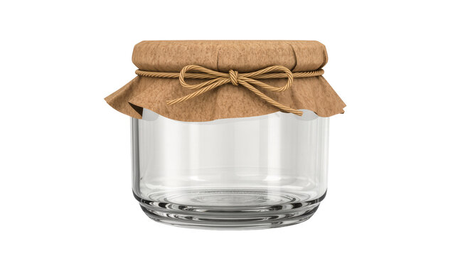 Clear glass jar with brown paper lid and twine bow, isolated on transparent background
