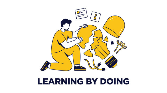 Learning By Doing Flat Vector Illustration of Man Fixing Lightbulb