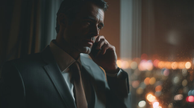 Close-up shot of a suspicious scammer in worn-out black clothes, anxiously talking on a cheap burner phone.
