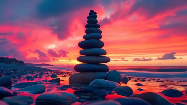 Cinematic timelapse of stone balance tower on pebble beach with ocean waves washing over lower rocks. Surreal sunset sky, perfect for meditation, zen, and mindfulness video.