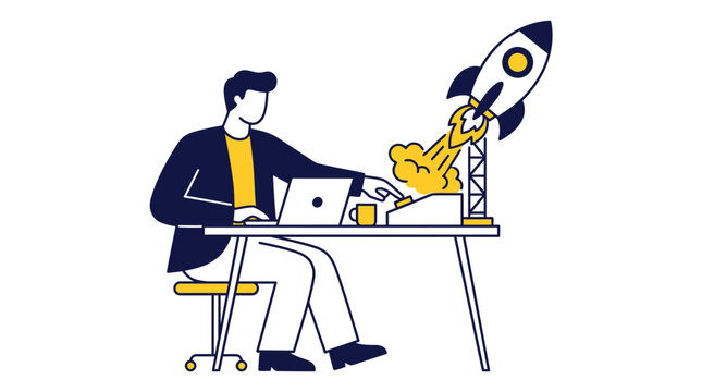 Businessman launching rocket from desk vector illustration