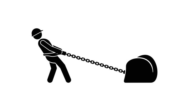 Silhouette of a man pulling a large boulder with a chain, depicting hard work and perseverance in minimalist style