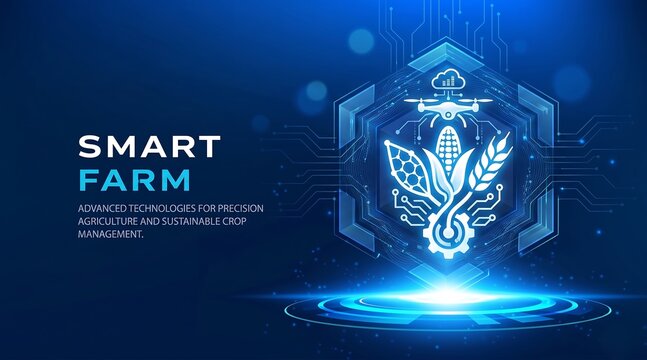 Smart Farm technology banner with digital agriculture shield and glowing neon farming concept. Modern agritech vector background for smart farming presentation, AI agriculture, new